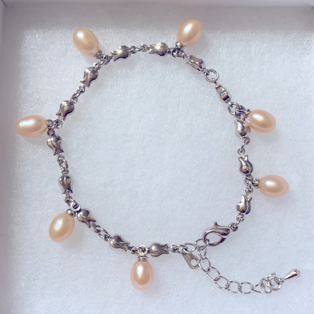 Pink Oval Pearls and Silver Bracelet